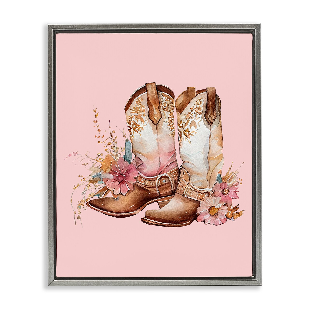 Stupell Industries Floral Pink Cowgirl Boots Framed Floater Canvas Wall Art